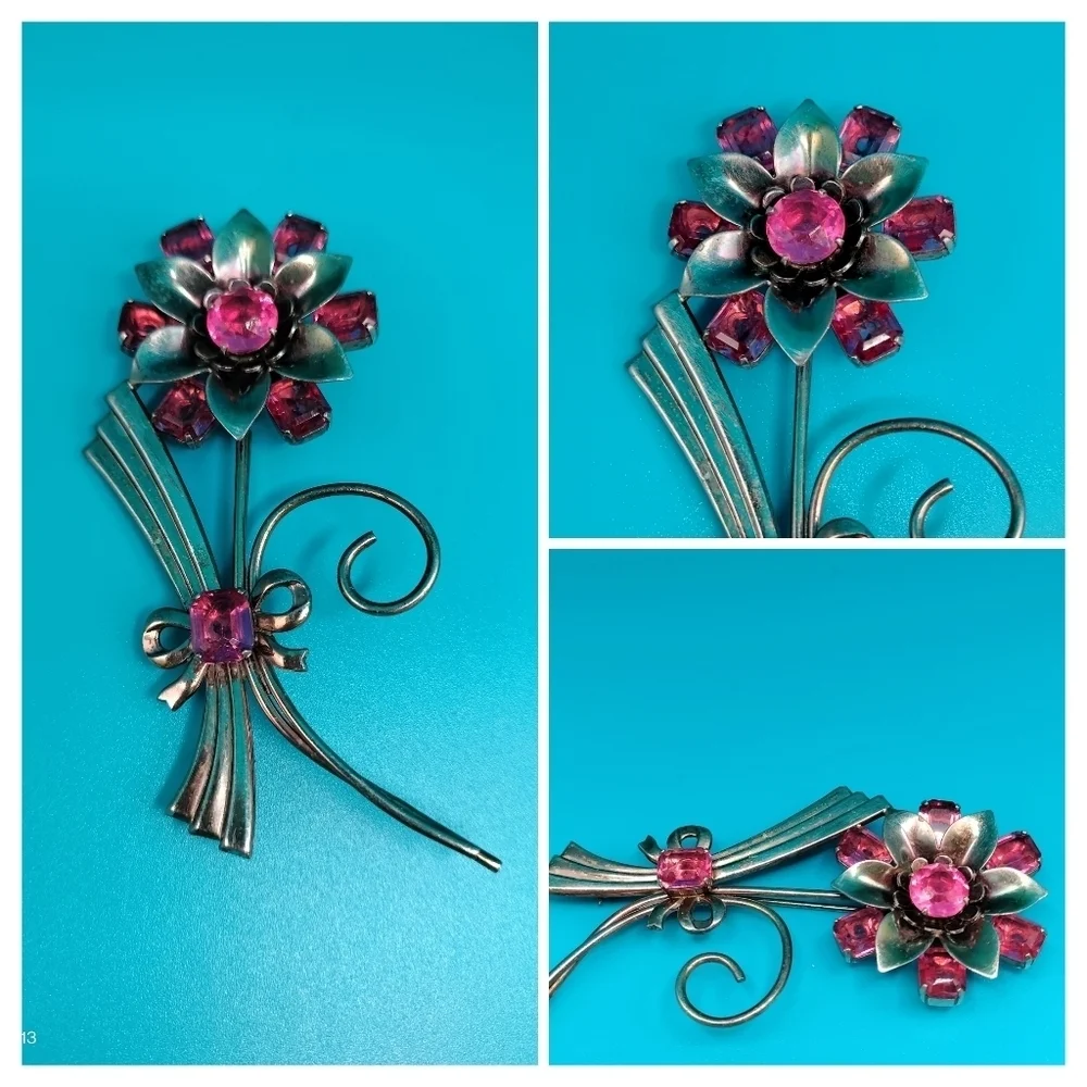 Vintage Oversized Sterling Silver & Pink Crystal Rhinestone Brooch 3